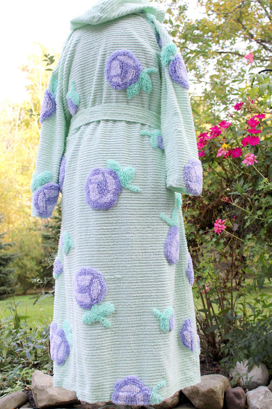 Cottagecore Cute Hooded Chenille Robe, 3D Lollipop Flowers, Upcycled Mint Green Bathrobe from Vintage Chenille Bedspread, Medium / Large