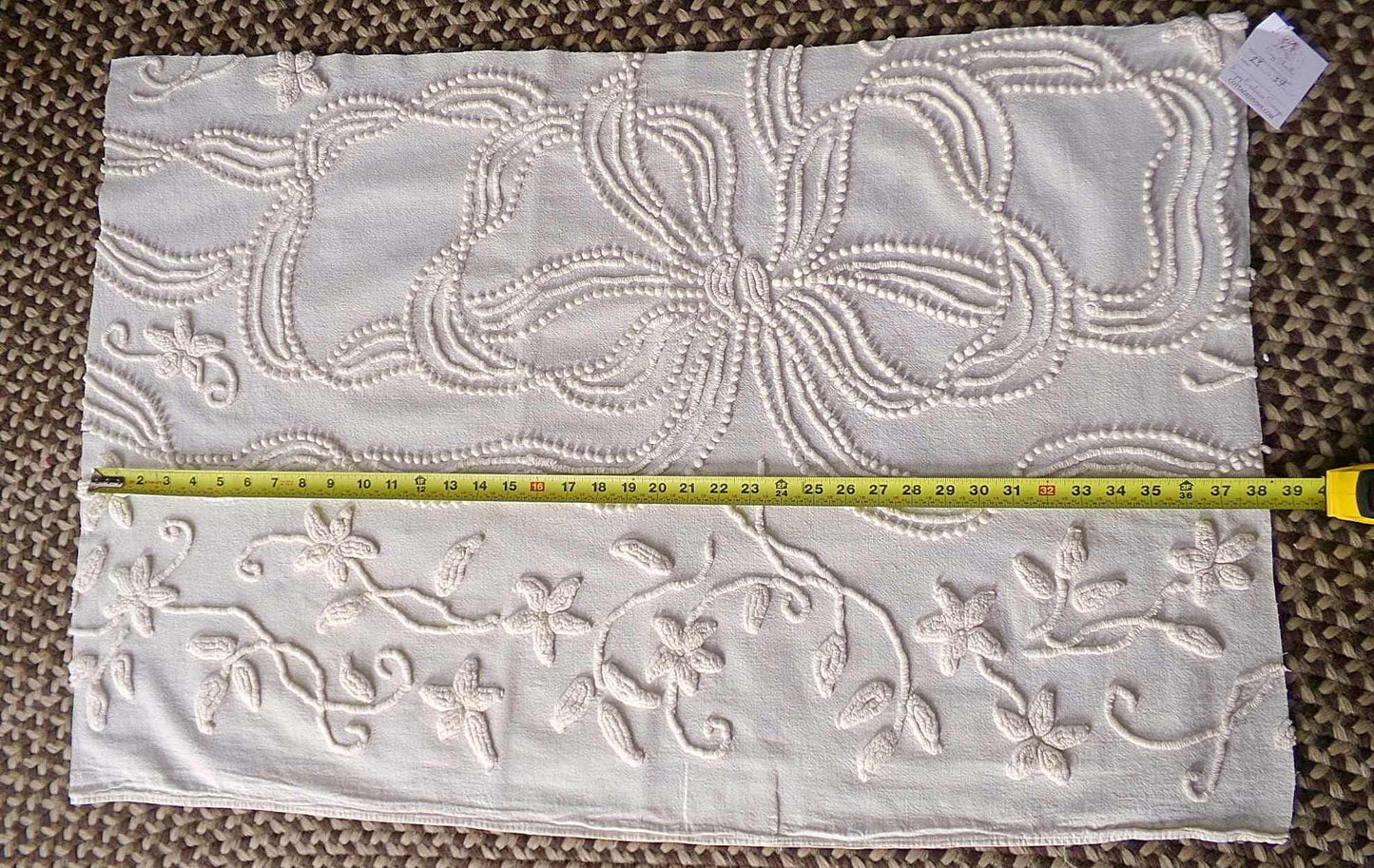 Exquisite Heirloom Vintage Chenille Fabric Piece, Large Bow & Lily Flowers in Antique Cream, 23" x 37" inch piece, lovely for a wall hanging