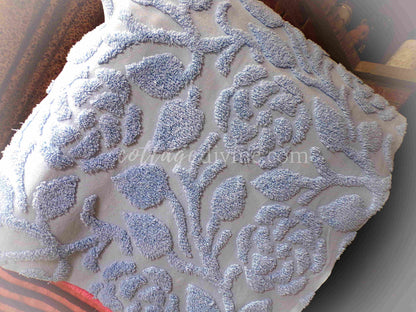 Stylized Roses Vintage Chenille Quilt Fabric, 30" x 26" inch Piece, Soothing Dusky Blue Rose Blooms, 100% Cotton