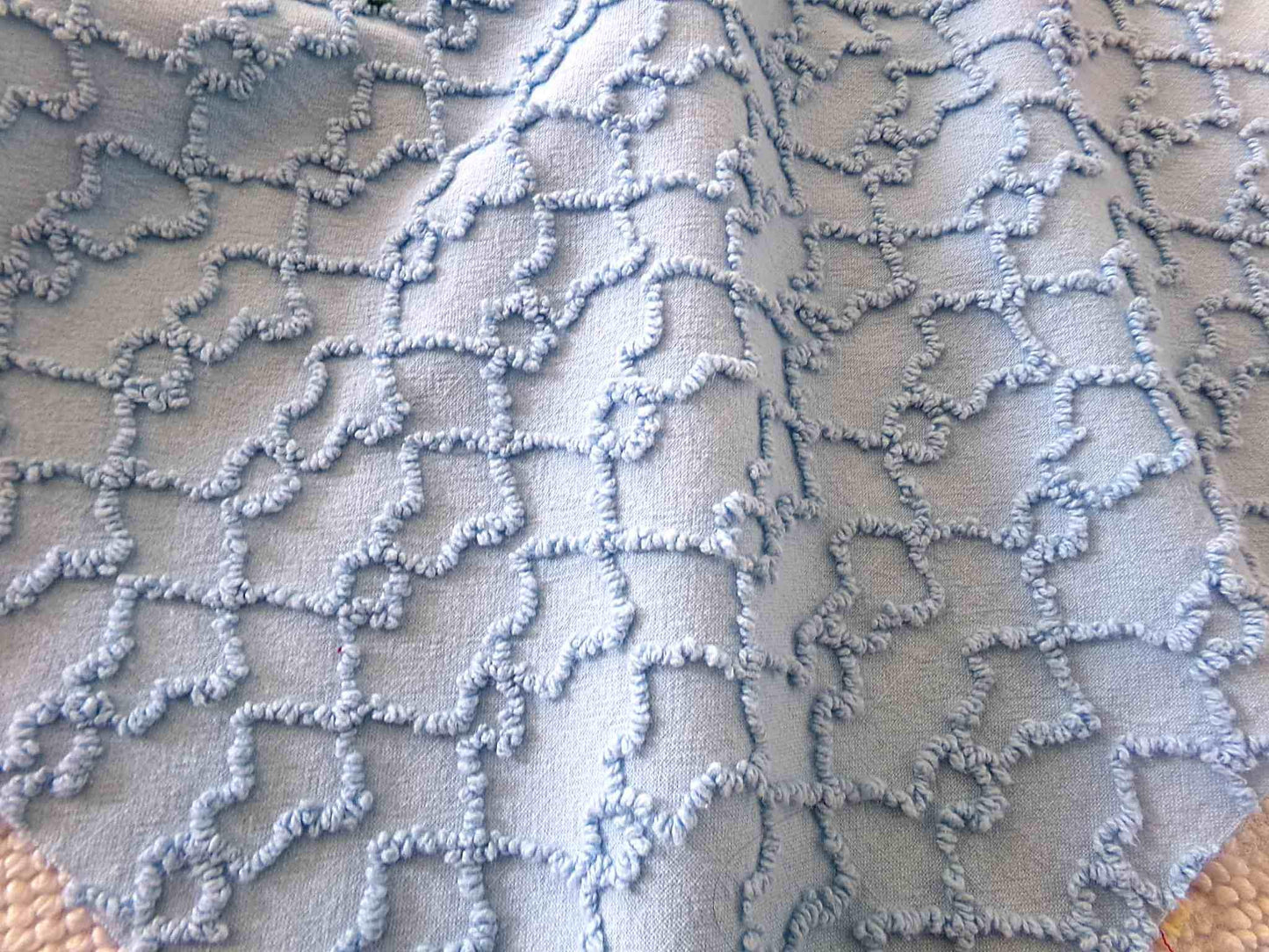 Evening Blue Floral Vintage Chenille Fabric in Chain Link Design with Tufted Flowers, 27" x 18" inch Piece, 100% Lightweight Cotton Material