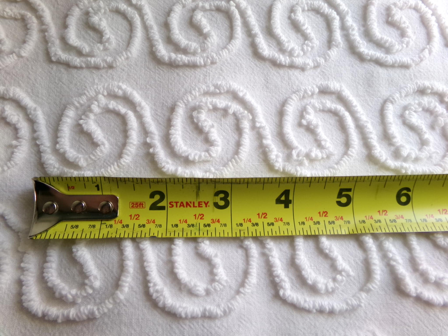 spiral curls white vintage chenille fabric, ultra lightweight cotton sewing material with great texture & presentation, 20" x 24" inch piece
