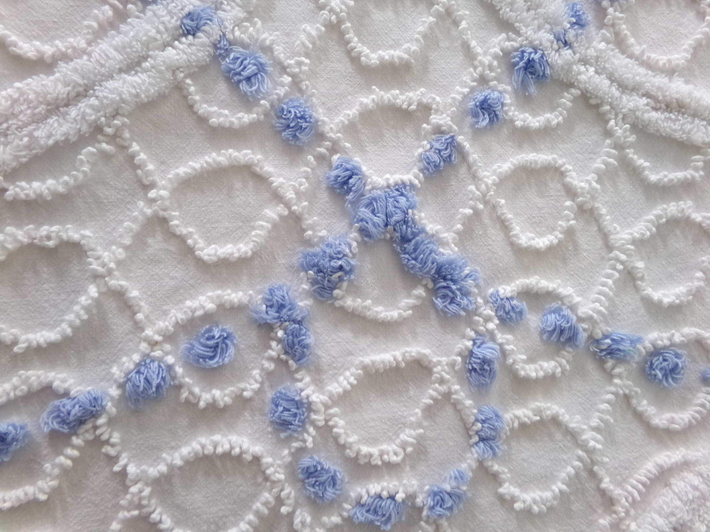 lovely cottage style floral fabric, 25" x 28" inch piece cut from vintage chenille bedspread, pink rose on white geometric loops & blue pops