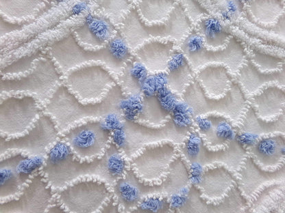 lovely cottage style floral fabric, 25" x 28" inch piece cut from vintage chenille bedspread, pink rose on white geometric loops & blue pops