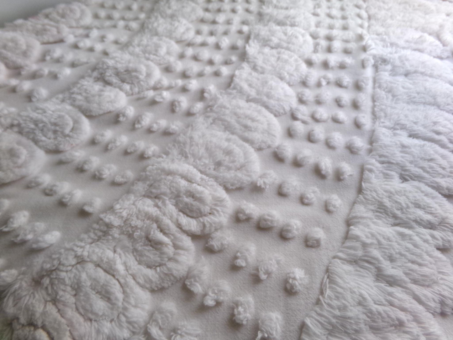 whisper white vintage chenille fabric, exquisite swirl dot design, 29" x 22" inch piece of plush cotton sewing material for quilts, crafts