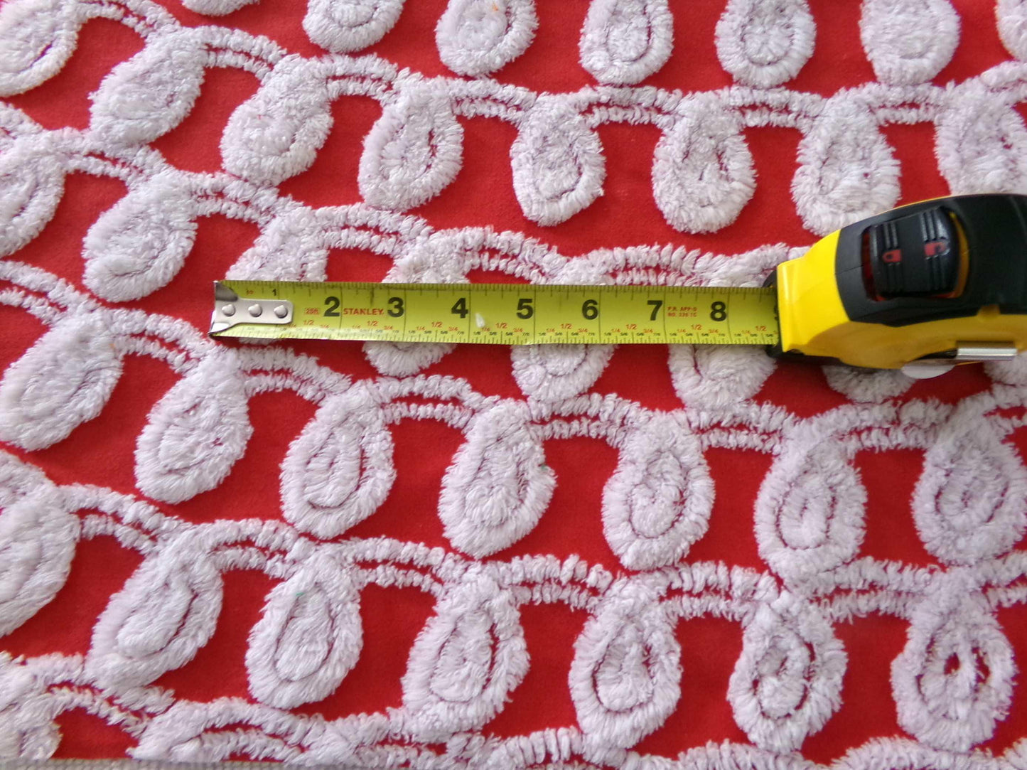 rare white curlicues on red fabric, 15" x 26" inch piece of vintage chenille bedspread material for sewing & quilting