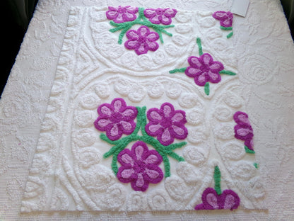 Lilac Garden Blooms Vintage Chenille Fabric, Pretty 22" x 20" Piece of Plush White Cotton Sewing Material Upcycle into Quilts & Crafts