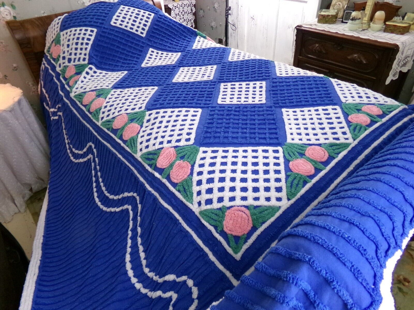 Regal Blue Vintage Chenille Bedspread, Pink Rosettes & White Waffle Tufts, Full Size