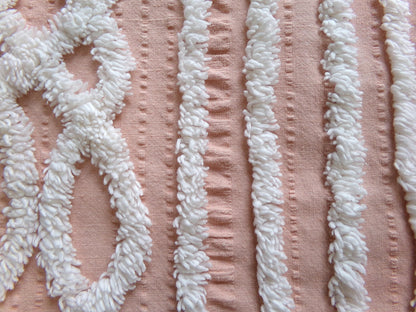 vintage chenille fabric: white geometric on peach cotton seersucker, 20" x 24" cut piece