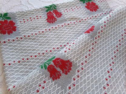 steel grey red floral vintage woven fabric, midcentury MCM reversible white lattice sewing material, 17" x 31" inch cut piece