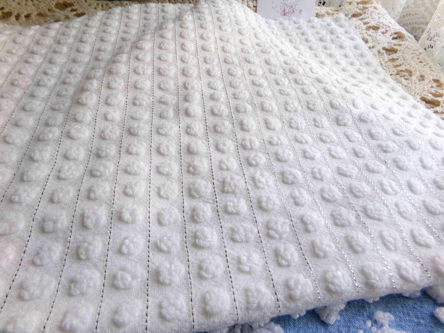 Simple White Pop Chenille Fabric, 20" x 24" inch Vintage Morgan Jones Piece, cotton blend with silver shimmer lurex