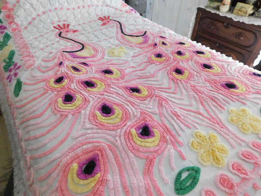 Vintage Full Size Pink Peacock Chenille Bedspread | Boho Chic Decor | Romantic Cottage Bedding | Retro Bird Pattern | Shabby Chic Style