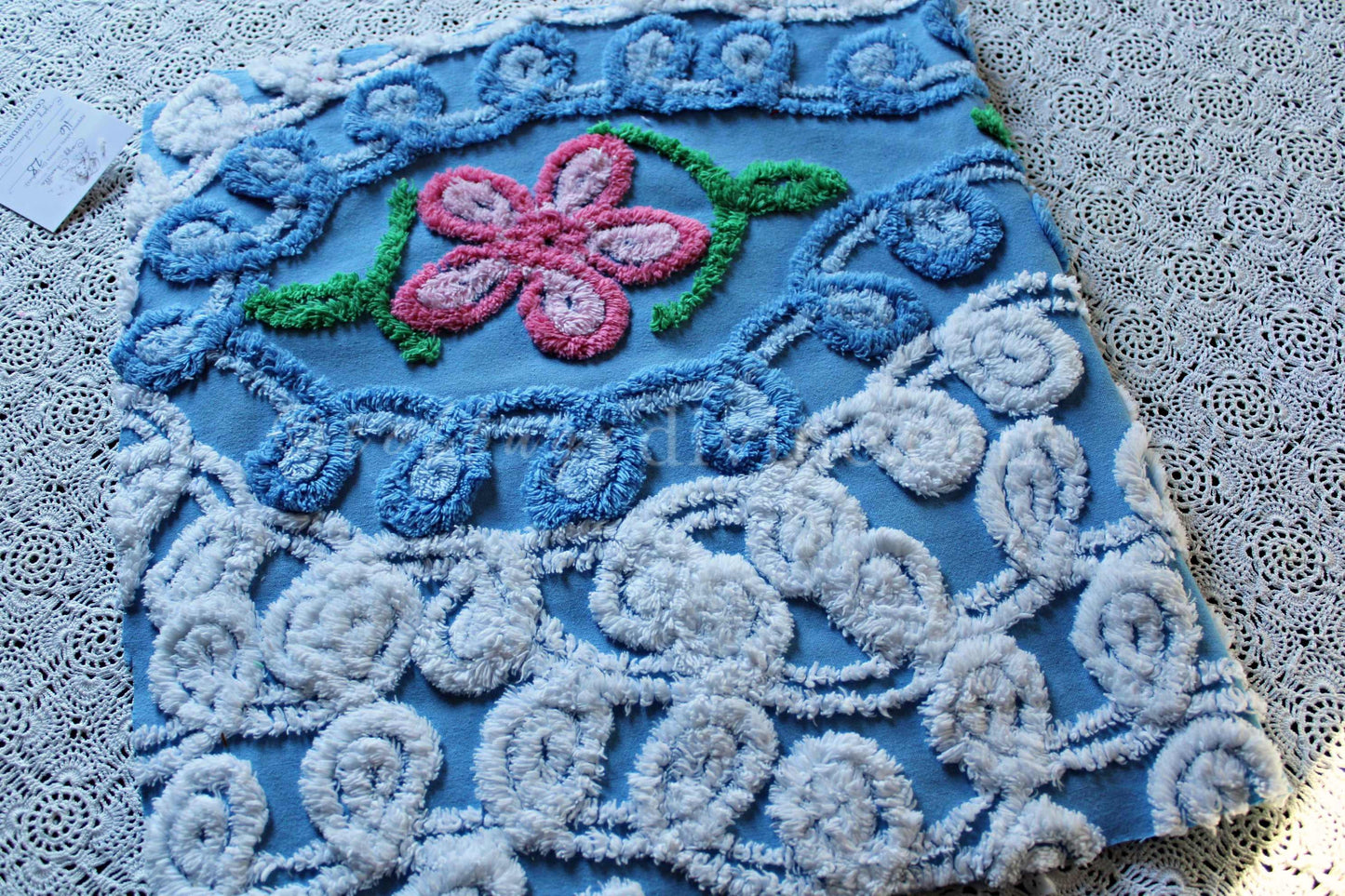 Sky Blue Swirls Vintage Style Chenille Fabric, 16" x 28" Inch Floral Piece, White Curlicues