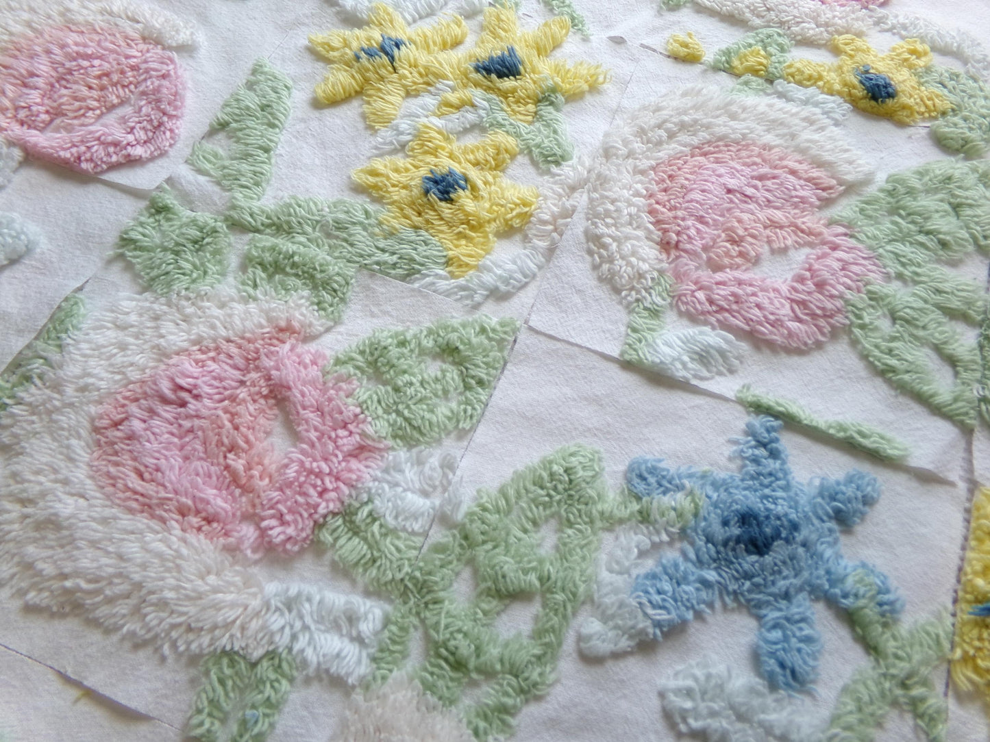 vintage chenille fabric squares, "bursting with flowers" set of 16 floral 6" quilt blocks for quilting, crafts, sewing