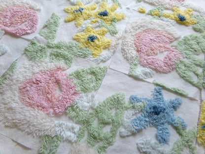 vintage chenille fabric squares, "bursting with flowers" set of 16 floral 6" quilt blocks for quilting, crafts, sewing