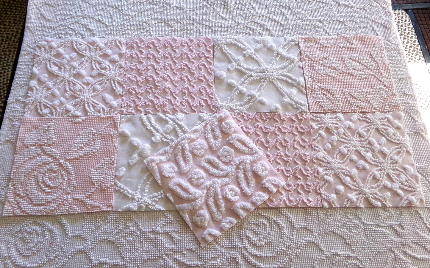 vintage chenille fabric squares in classic feminine pink & white textures, 7.5" vintage fabric blocks, set of 9 for sewing, crafts, quilts