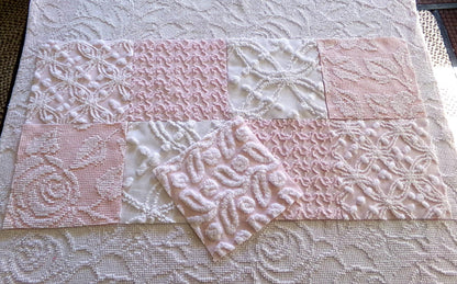 vintage chenille fabric squares in classic feminine pink & white textures, 7.5" vintage fabric blocks, set of 9 for sewing, crafts, quilts