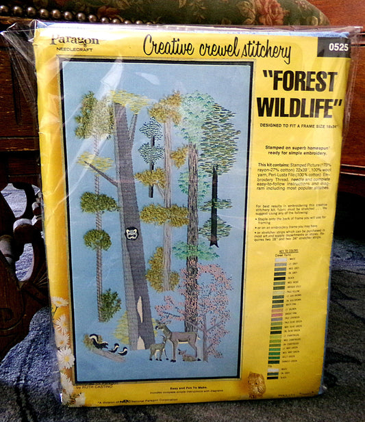 FOREST WILDLIFE Vintage Crewel Embroidery Kit 70s Hippie Wall Hanging, Paragon Needlecraft Stitchery, Kit# 0525, Design by Ruth Castino
