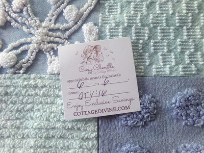 Spa Day Chenille Fabric Squares Set, 16 Vintage Quilt Blocks, 6" inch in Blue, Cool Aqua & White
