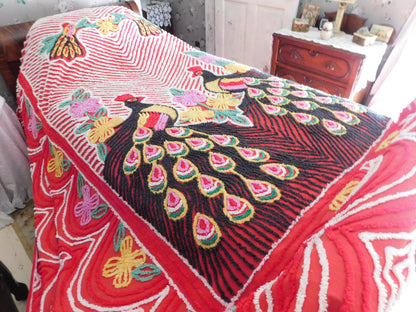 Vivid Red Peacock Vintage Chenille Bedspread, Rainbow Lovebirds with Gothic Black Feathers, 100% Cotton Full Size Bedding