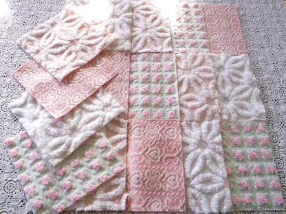 Pink Mix Vintage Woven & Chenille Fabric Squares, Daisy, Rosebud, Hearts Quilt Square Set, 16 Blocks 6" x 6" inch for Pillows, Doll Blankets
