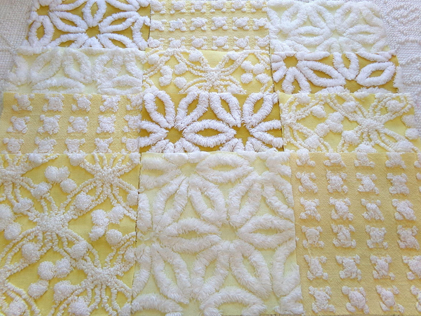boho sunshine chenille fabric squares, set of 16 vintage quilt blocks 6" ea, natural sunrise yellow, white rosebud, golden harvest daisy