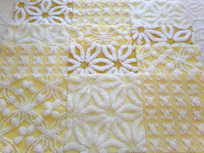 boho sunshine chenille fabric squares, set of 16 vintage quilt blocks 6" ea, natural sunrise yellow, white rosebud, golden harvest daisy