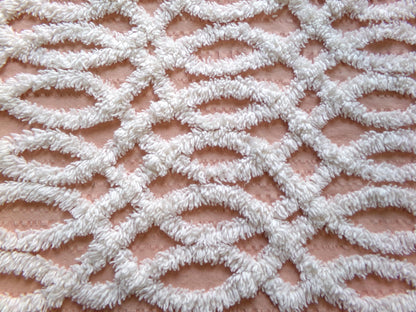 vintage chenille fabric: white geometric on peach cotton seersucker, 20" x 24" cut piece