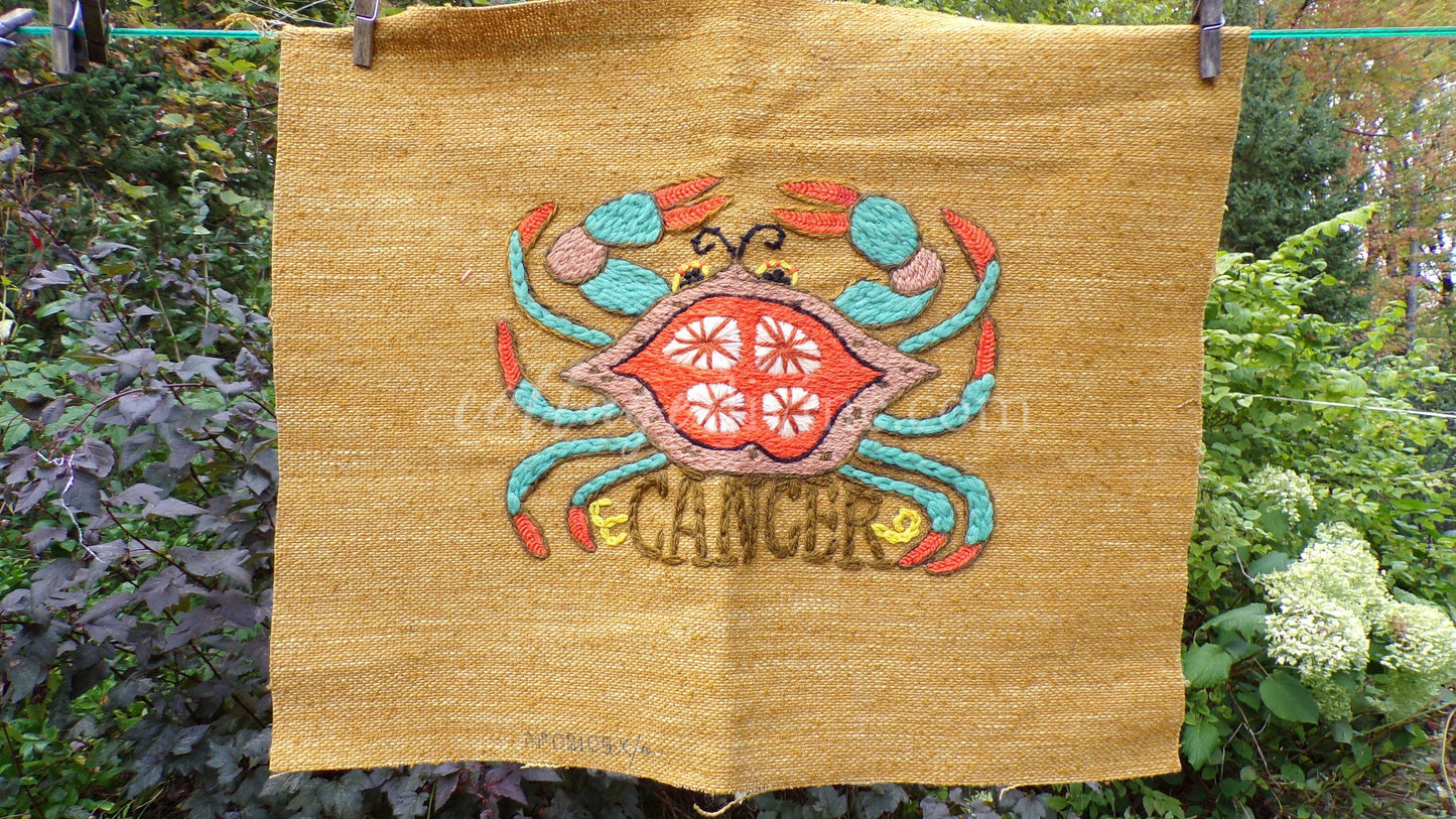 CANCER Rare Zodiac Vintage Astrology Embroidery, Paragon Crewel Stitchery, Completed, an Original 1969 Barbara Sparre Design