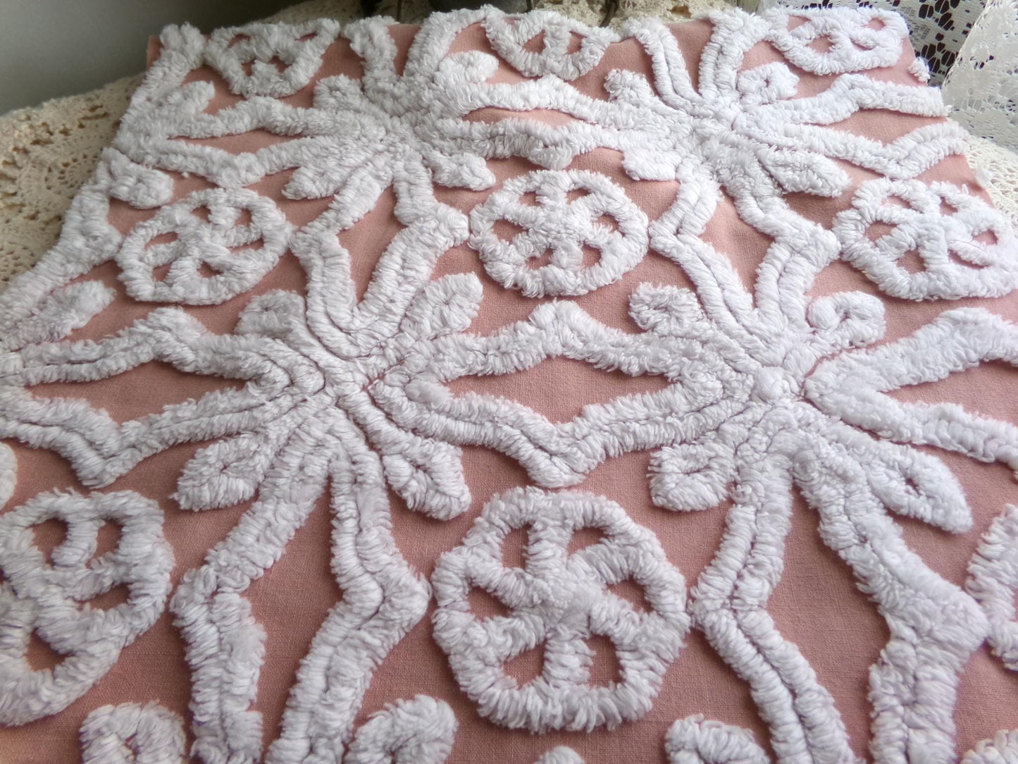 plush snowflake pinwheel vintage chenille fabric, antique sewing material, 15" x 28" inch piece