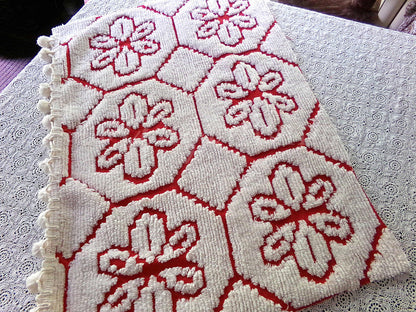Festive Red Chenille Fabric in Vintage White Daisy Design, 19" x 26" Inch Piece, Unique Geometric Design, Ideal for Festive Crafts