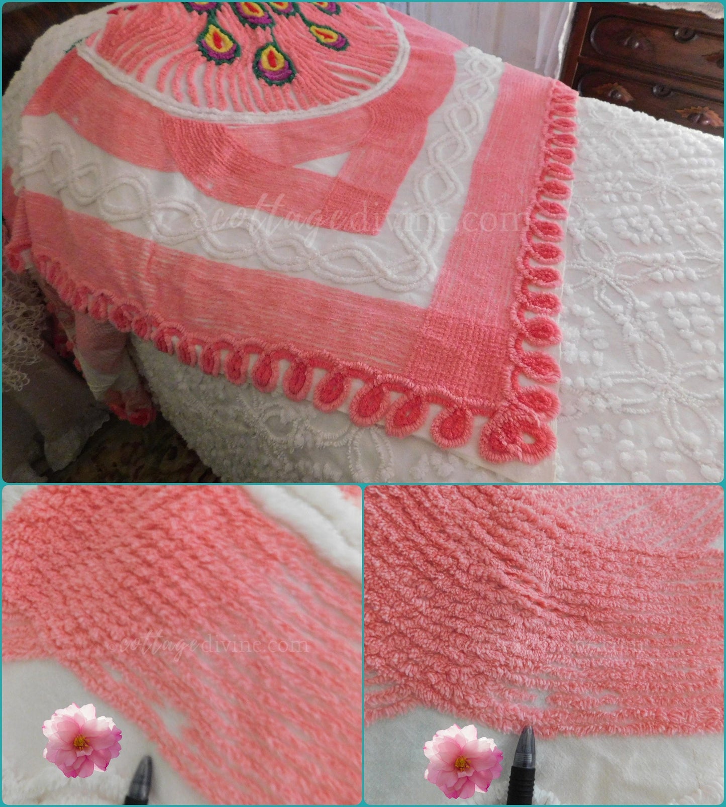 Popular Pink Peacock Vintage Chenille Bedspread, Full Size Boho Glam Bedding
