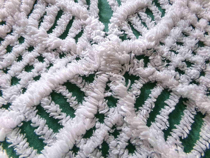 Rich Green Vintage Chenille Fabric, 20" x 24" inch Piece, Plush White Wedding Ring Geometric Design