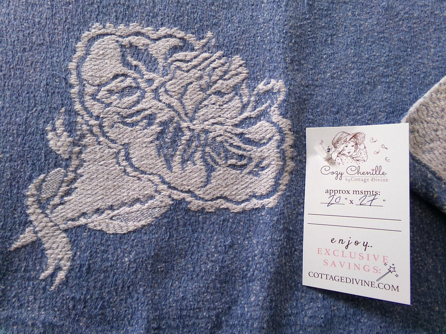 romantic coastal style vintage woven fabric, white & blue bridal floral bouquets, reversible 20" x 27" inch piece of shabby sewing material