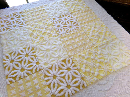 boho sunshine chenille fabric squares, set of 16 vintage quilt blocks 6" ea, natural sunrise yellow, white rosebud, golden harvest daisy