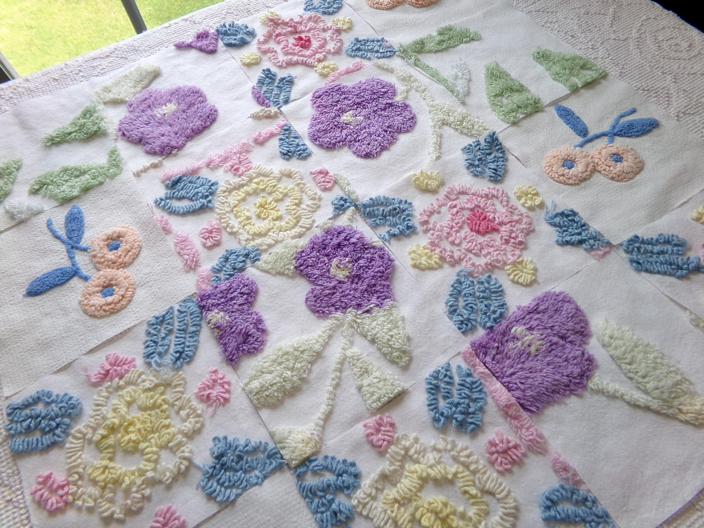 spring blooms vintage chenille fabric squares: pretty flowers set of 16 floral 6" quilt blocks