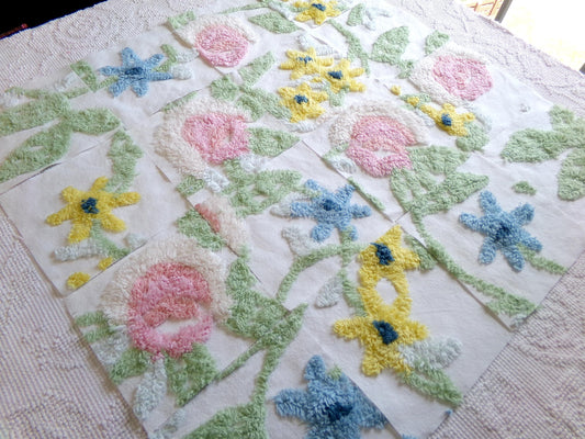 vintage chenille fabric squares, "bursting with flowers" set of 16 floral 6" quilt blocks for quilting, crafts, sewing