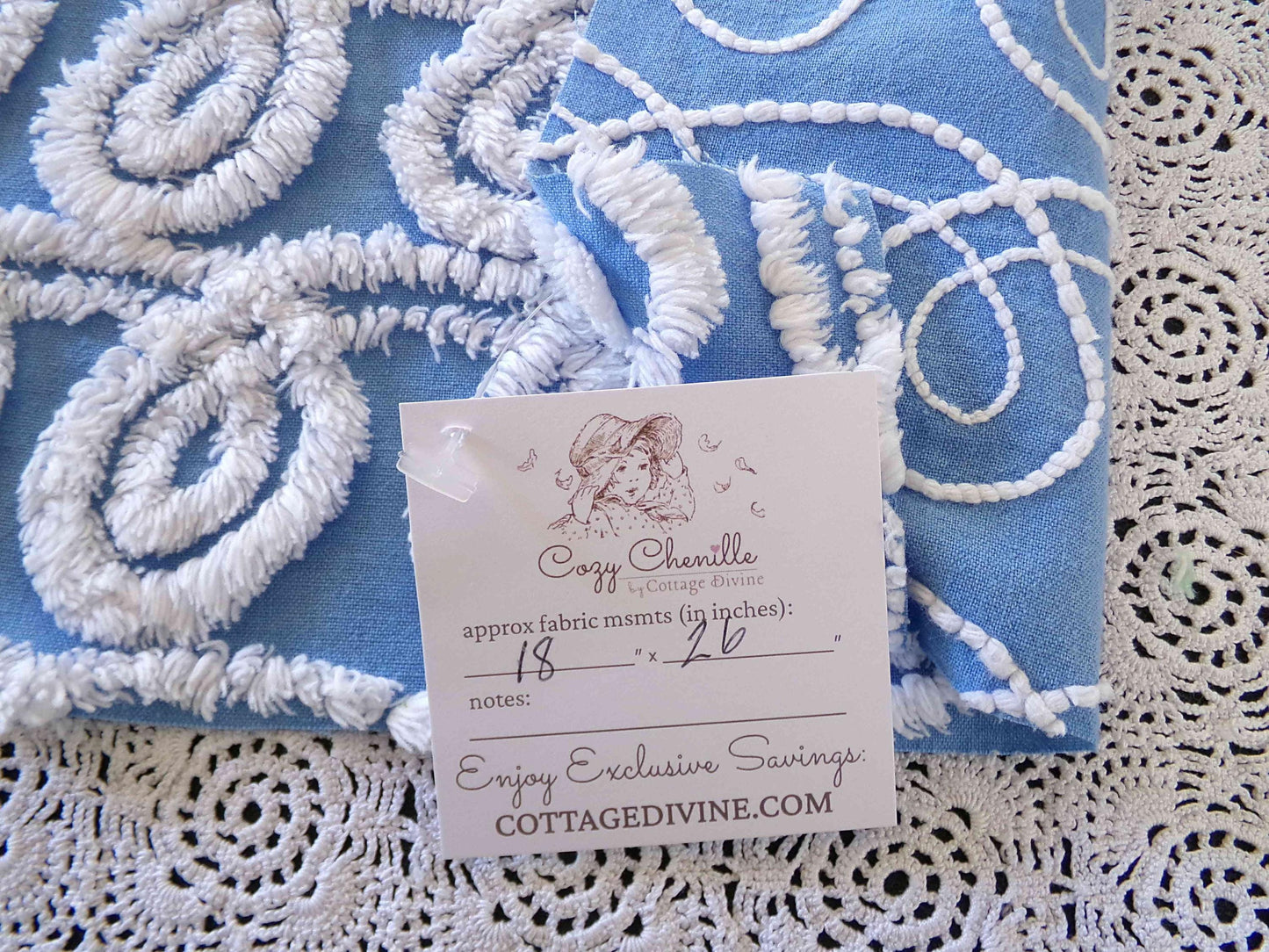 White & Blue Chenille Fabric, Soft Curlicue Swirls, 18" x 26" inch Piece, Vintage Cotton Material for Quilting, Crafts