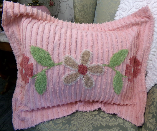 romantic cottage chenille pillow sham, vintage style daisy floral on pink cotton with envelope back, SINGLE, not a pair