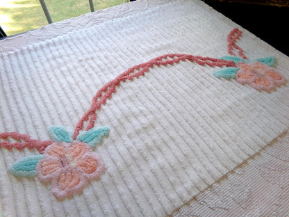 rose garland vintage chenille fabric, floral 20" x 29" piece of white cotton sewing material for crafts, pillows