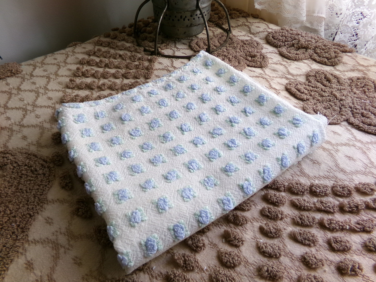 Miniature Blue Rosebuds Vintage Chenille Quilt Fabric, 12" x 29" inch Piece, Micro Roses on Lightweight Cotton