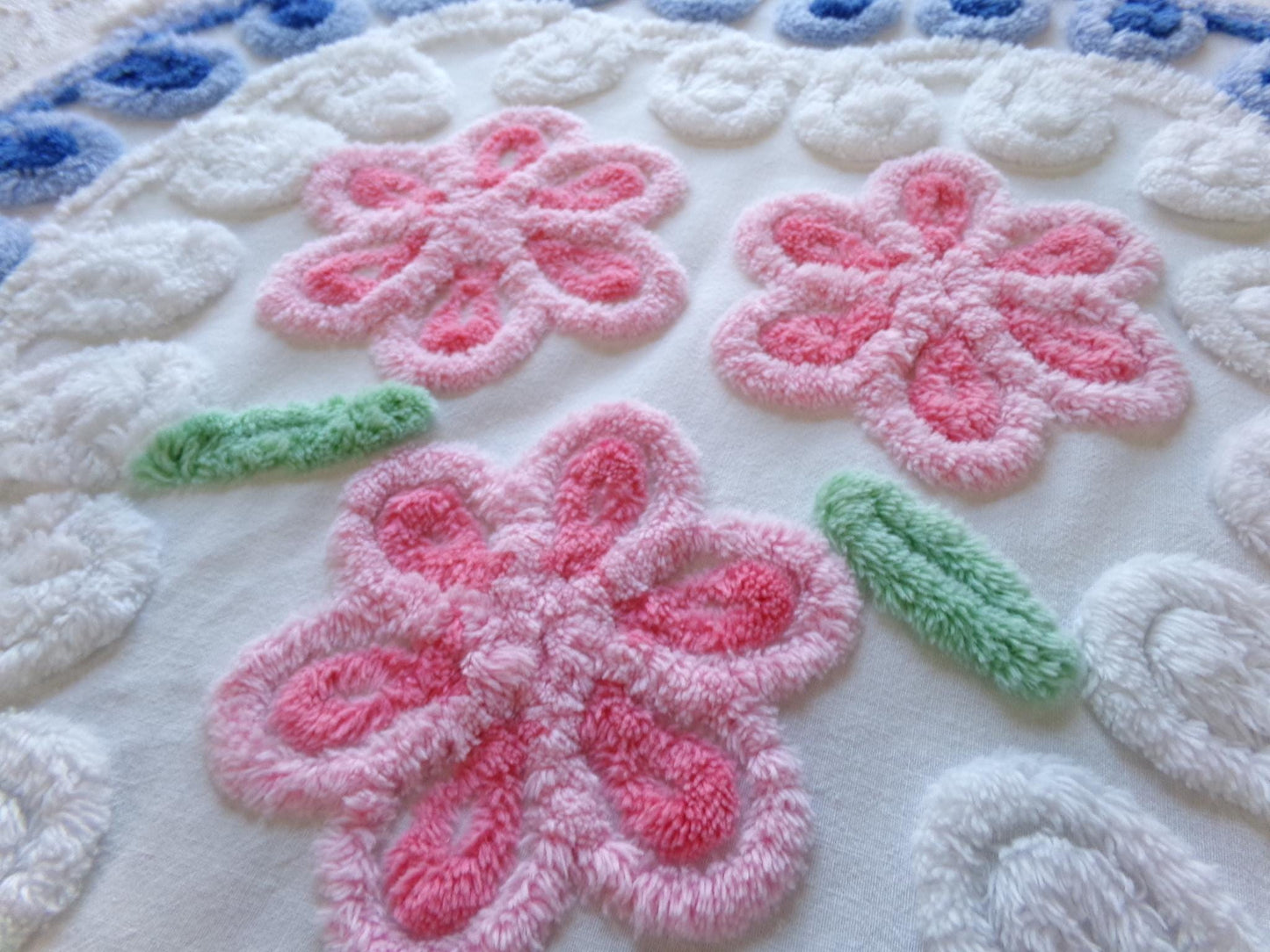 sweet 'n shabby vintage chenille fabric, pink & blue rose heart design, 24" x 25" piece of sewing material
