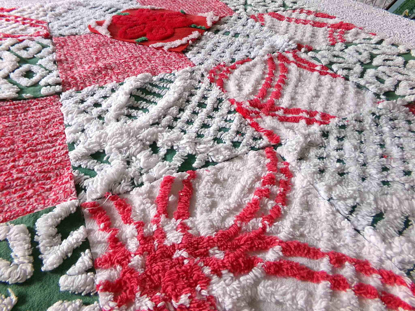 Christmas Chenille Quilt Squares, Set of 17 Festive Red, White & Green 6" Cotton Quilt Blocks, ideal for holiday crafts, quilting and sewing