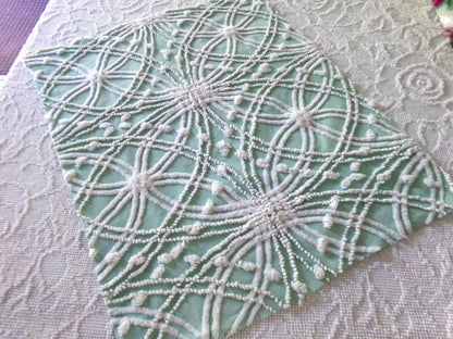 Striking Creamy Jade Green Vintage Chenille Bedspread Fabric, 19" x 23" inch Piece, White Spider Tuft Texturized Design