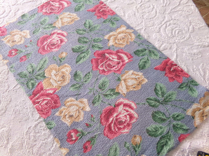 shabby chic rose barkcloth fabric, lovely floral blooms on blue, 27" x 16" inch piece, great vintage sewing material for pillows