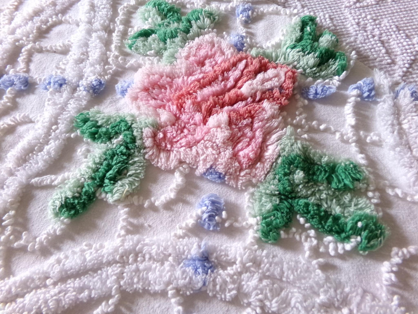 pretty pink rose fabric piece, vintage floral chenille cottage shabby sewing material, 11" x 22" inches