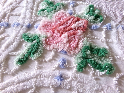 pretty pink rose fabric piece, vintage floral chenille cottage shabby sewing material, 11" x 22" inches