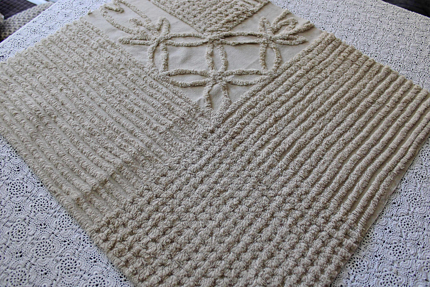 Shabby Modern Neutral Vintage Chenille Fabric, 20" x 24" inch Piece, Mocha Star Lily Design