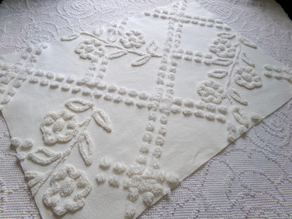 Vintage White Floral Chenille Fabric: Farmhouse Style 23" x 16" Cut Piece