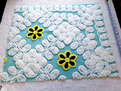 beach girl vintage chenille fabric, frothy white, seaglass blue, 20" x 25" piece of cotton sewing material for crafts, quilts, pillows