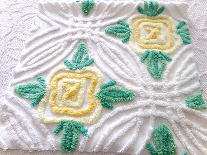 Shabby Chic Chenille Fabric, Yellow Cabbage Roses on White Cotton, 30" x 17" inch Piece, Pretty in Pillows & Quilts